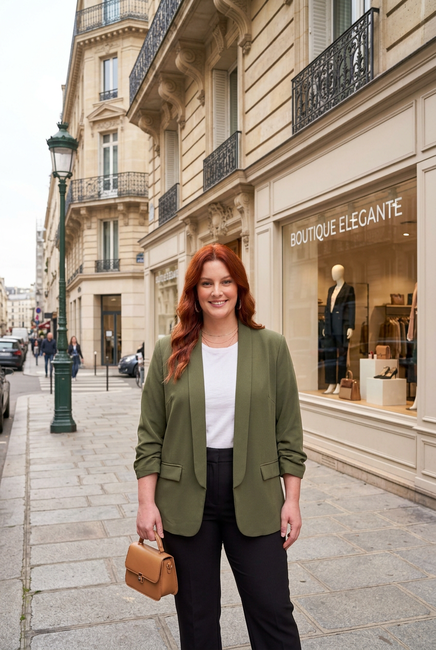 Morphologie en A : tenue grande taille femme avec blazer structuré