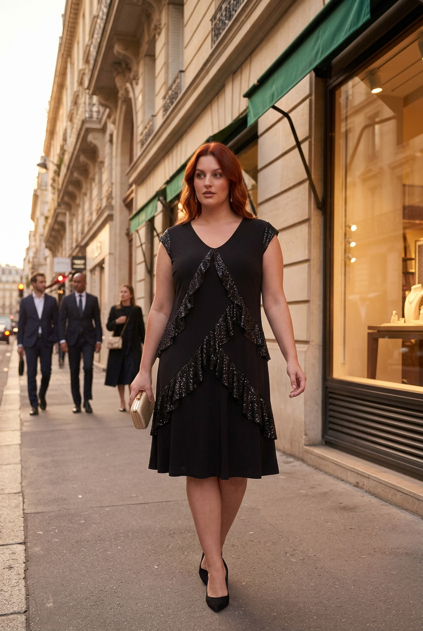 Tenue de fête grande taille : robe à paillettes STELLA portée en soirée