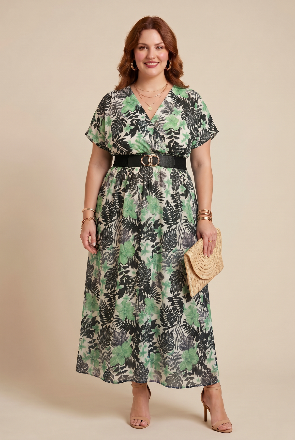 Robe LINA grande taille femme imprimé feuillage vert