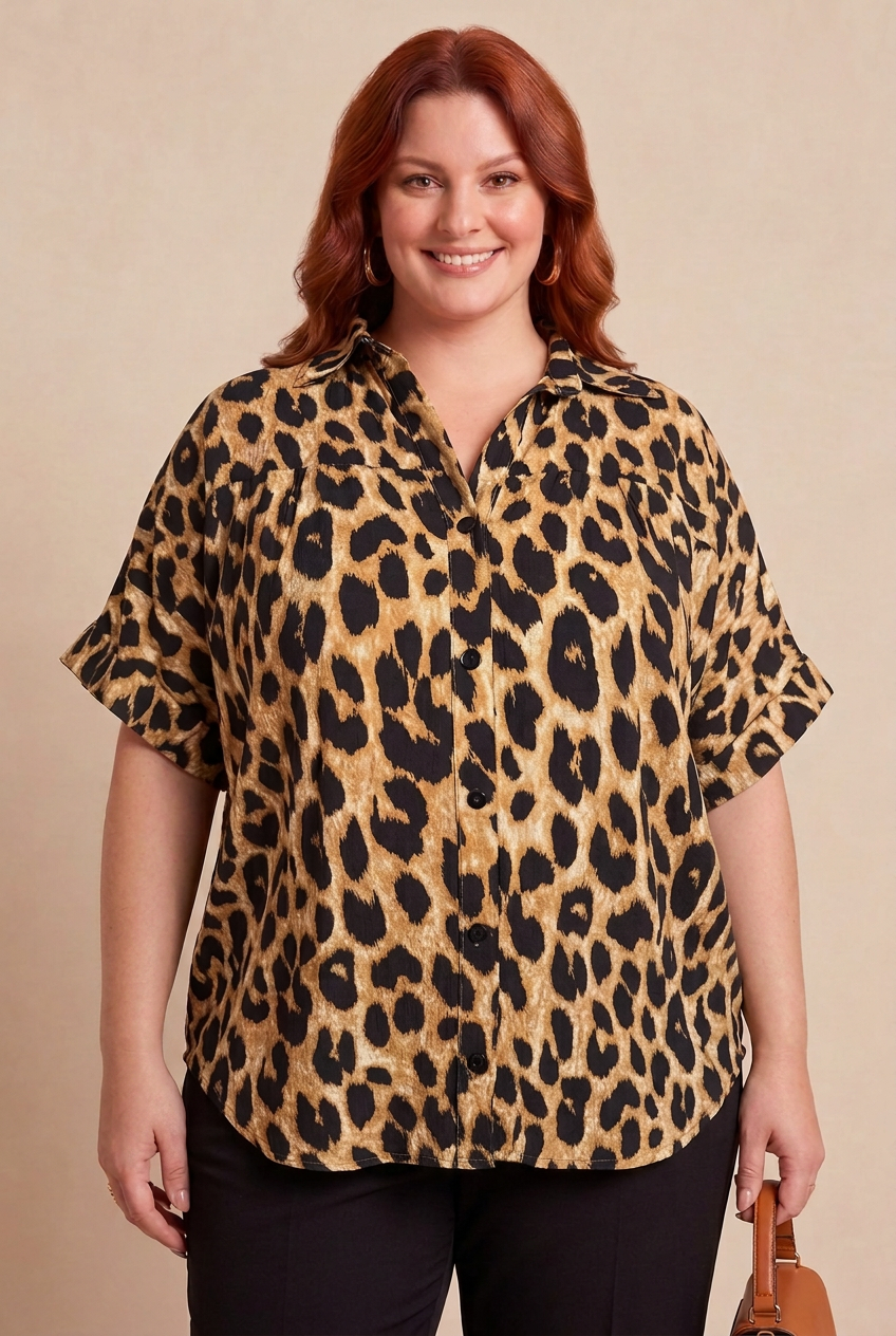 Chemise léopard AYA portée par notre mannequin – mode grande taille femme