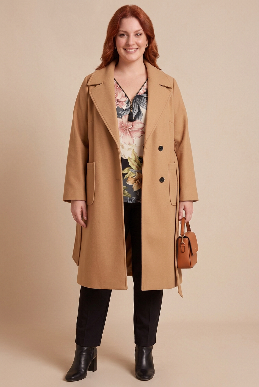 Blouse ALYA avec manteau ELITE camel – mode grande taille femme