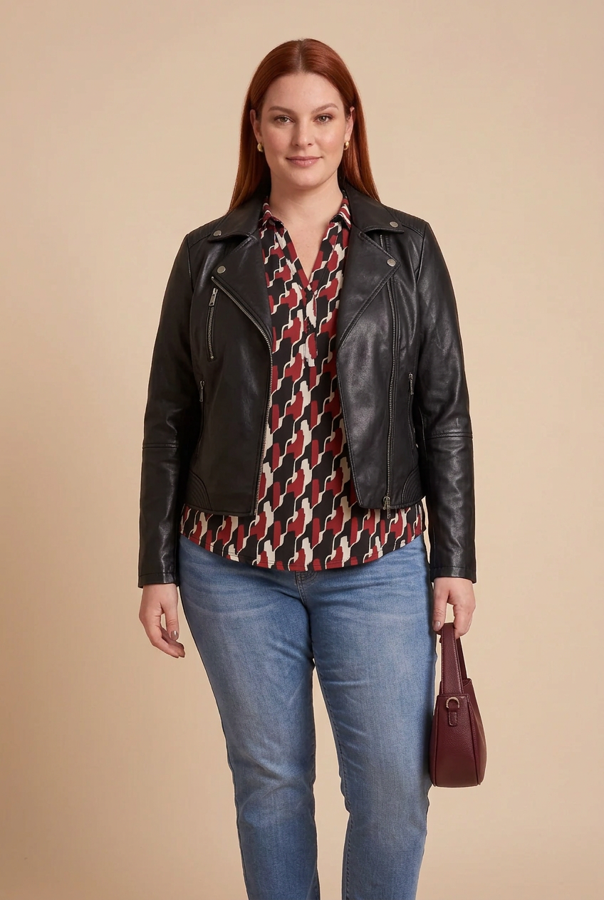 Blouse AZALÉE et perfecto REBEL noir sur la mannequin rousse – mode grande taille femme