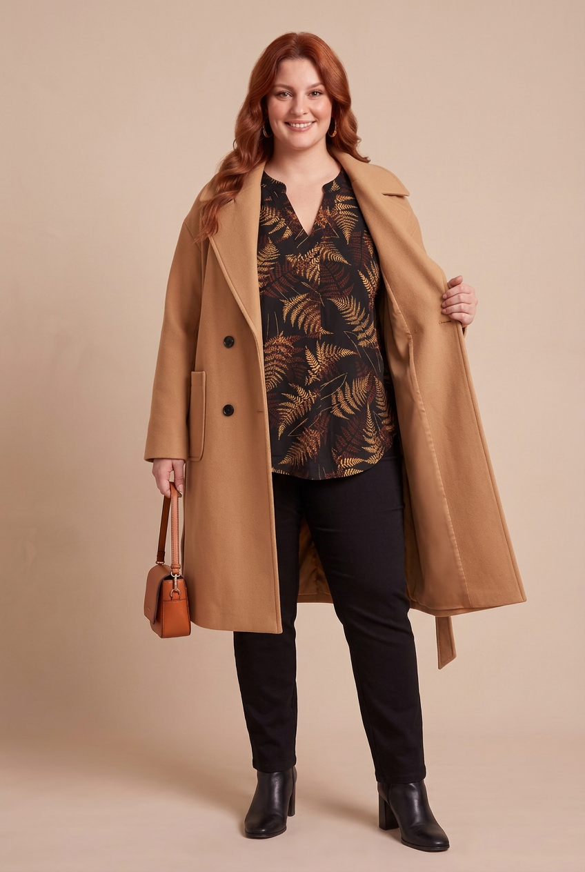 Blouse ELIA avec manteau ELITE camel – mode grande taille femme