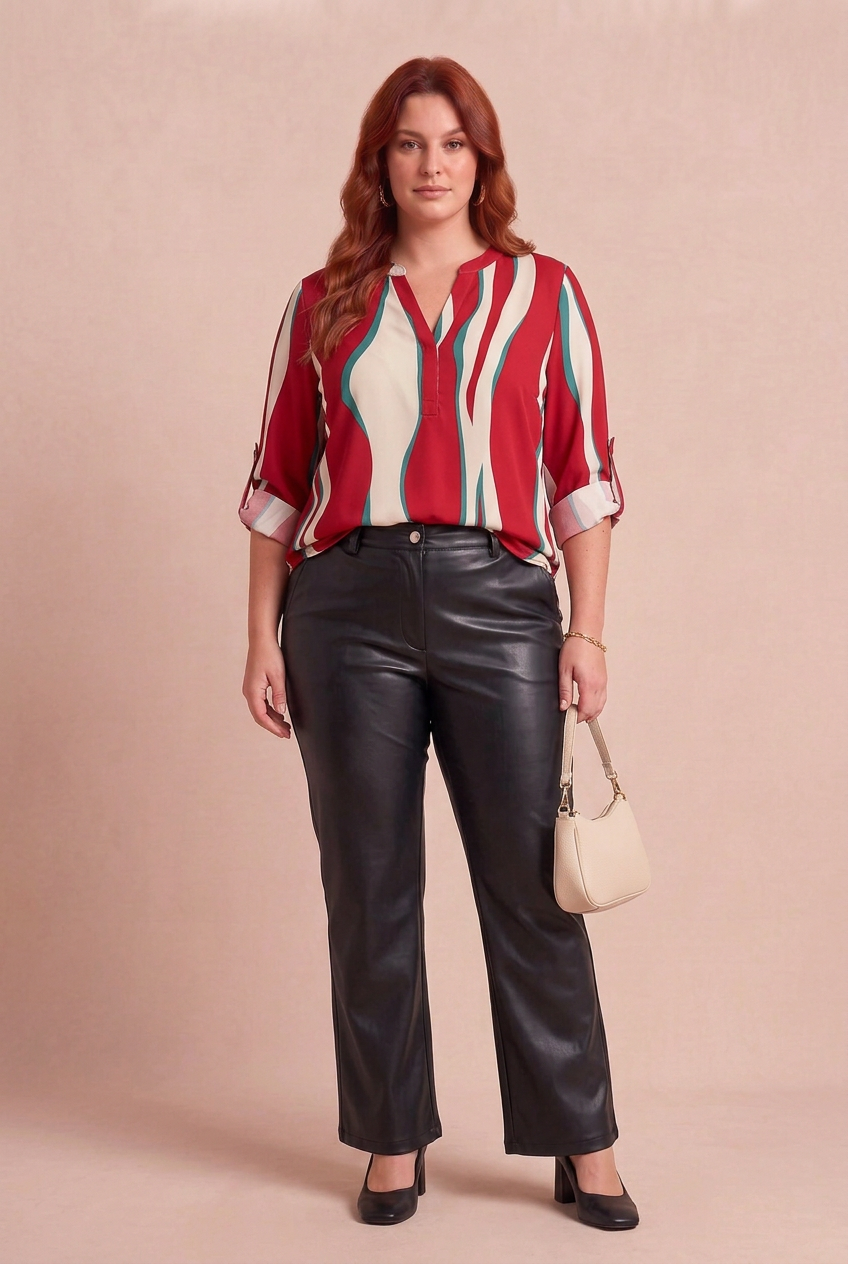 Blouse FLORA avec pantalon BLACKY et sac beige – mode grande taille femme