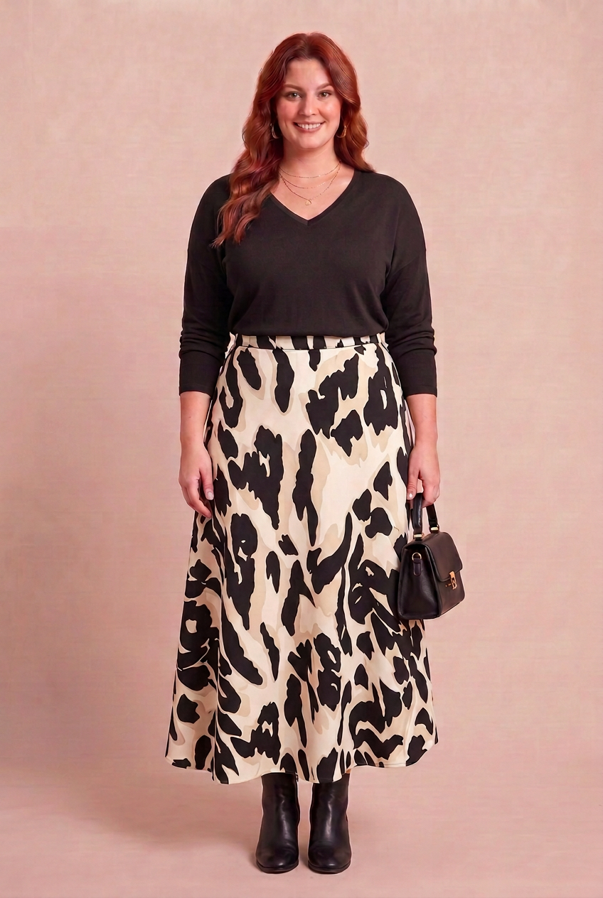 Jupe ZINNIA imprimé noir et crème avec pull noir – mode grande taille femme