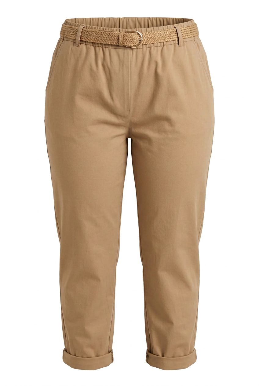 Pantalon ERIS camel porté de face – mode grande taille femme