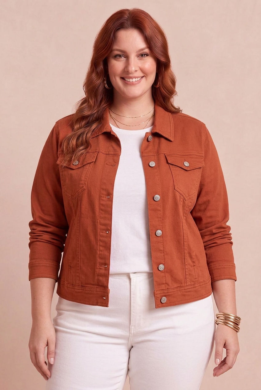 Mannequin portant la veste Dahlia rouille sur fond beige rosé – mode grande taille femme