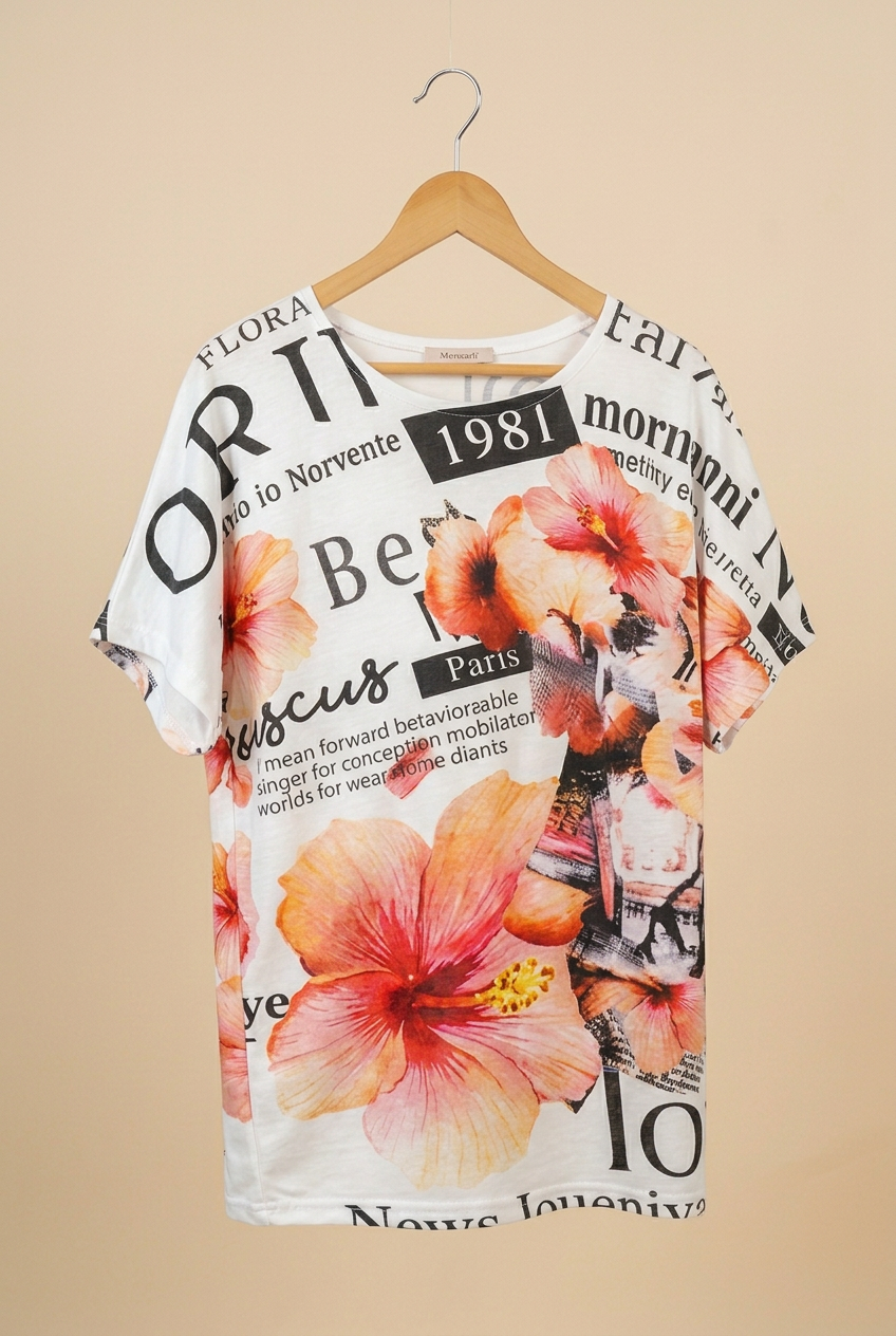 T-shirt imprimé ANNA Journal sur cintre en bois, vue de face sur fond beige – mode grande taille femme