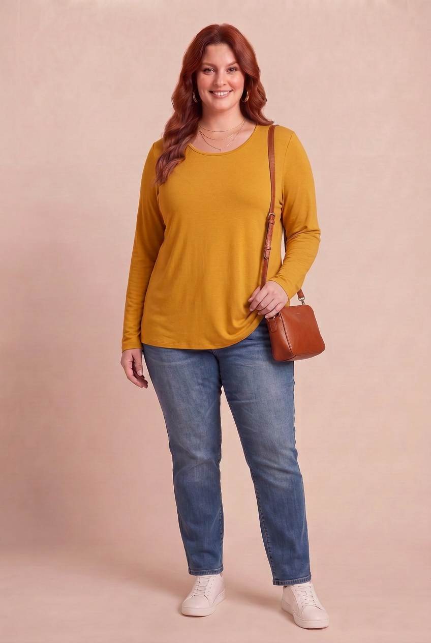 Haut Narcisse moutarde porté par notre mannequin rousse avec un sac cognac sur fond beige rosé – mode grande taille femme