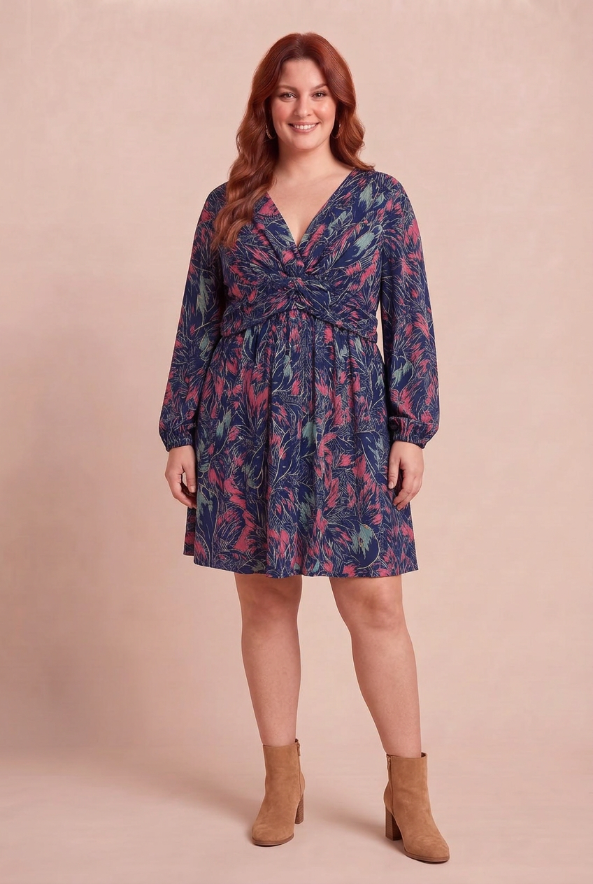 Robe Violette marine portée par la mannequin rousse sur fond beige rosé – mode grande taille femme