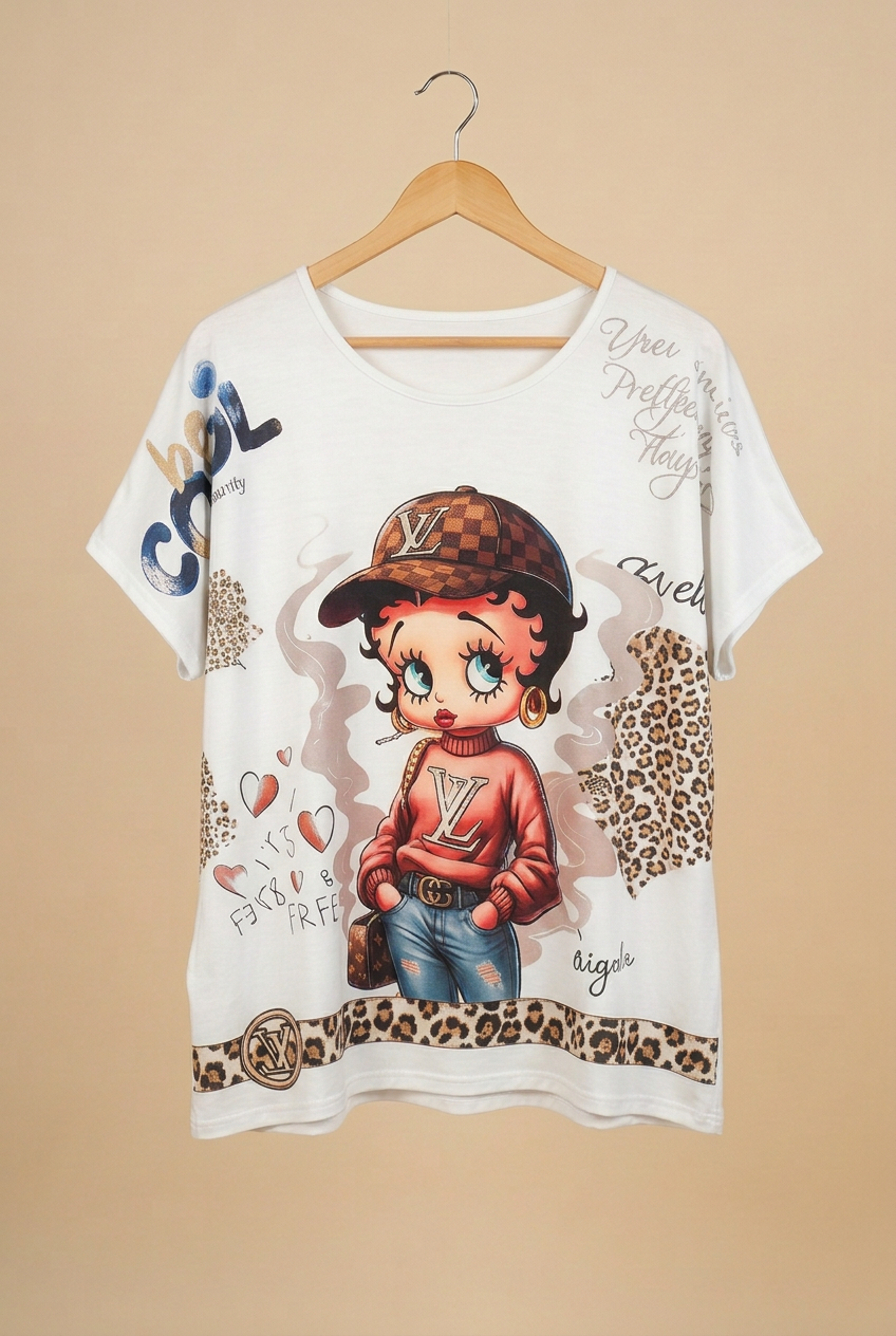 T-shirt imprimé ANNA Pin-up suspendu sur cintre en bois sur fond beige – mode grande taille femme