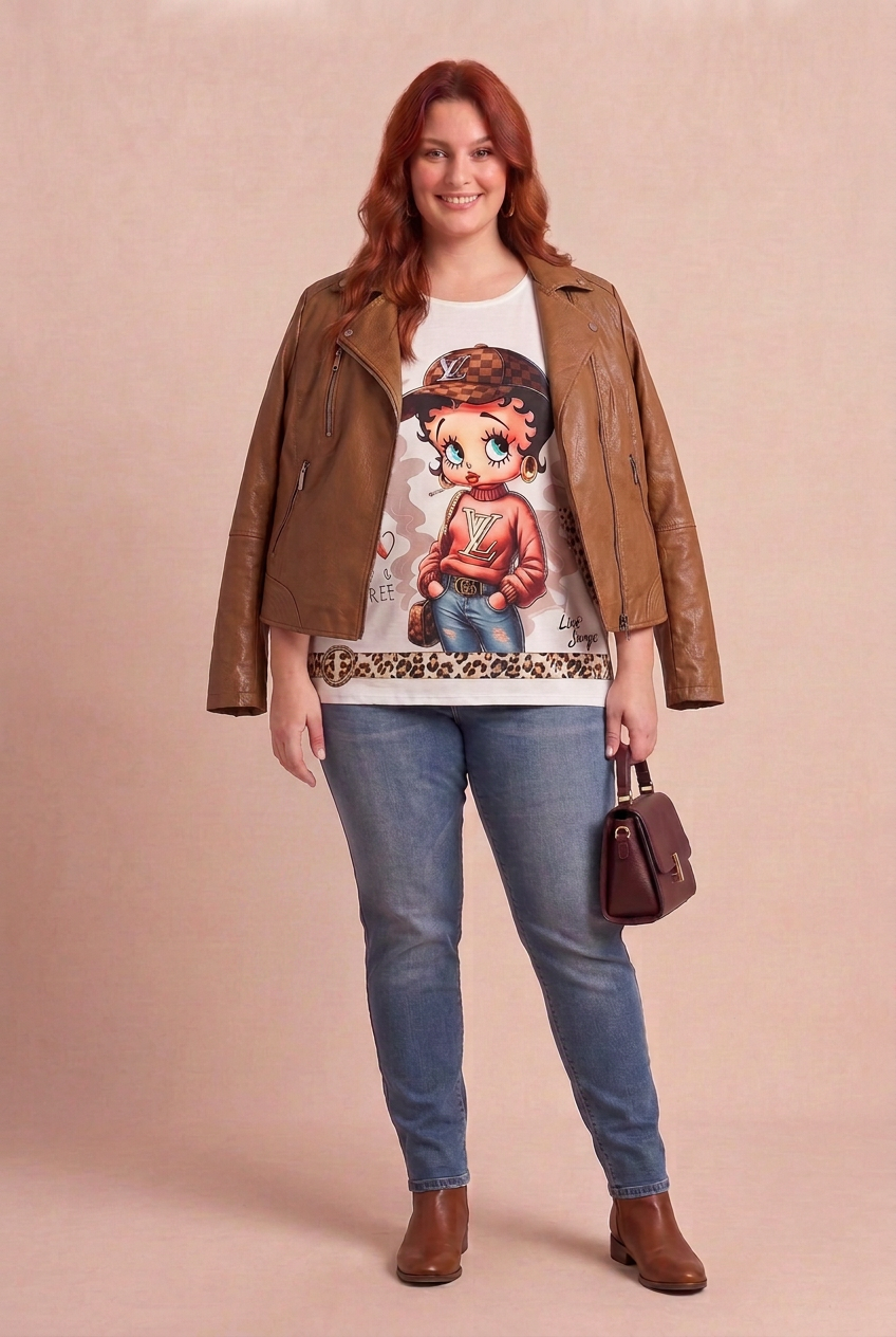 T-shirt ANNA Pin-up porté par le mannequin roux avec le perfecto REBEL marron sur fond beige – mode grande taille femme