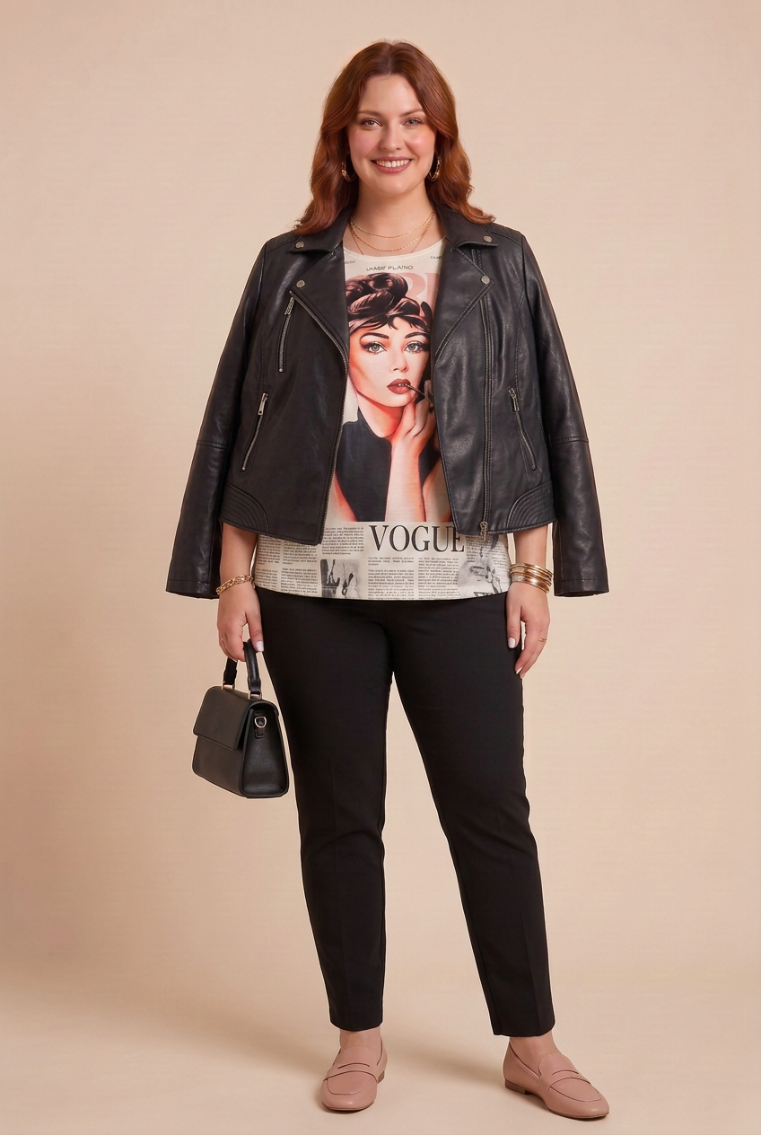 T-shirt ANNA Vogue porté avec le perfecto REBEL noir sur fond beige – mode grande taille femme