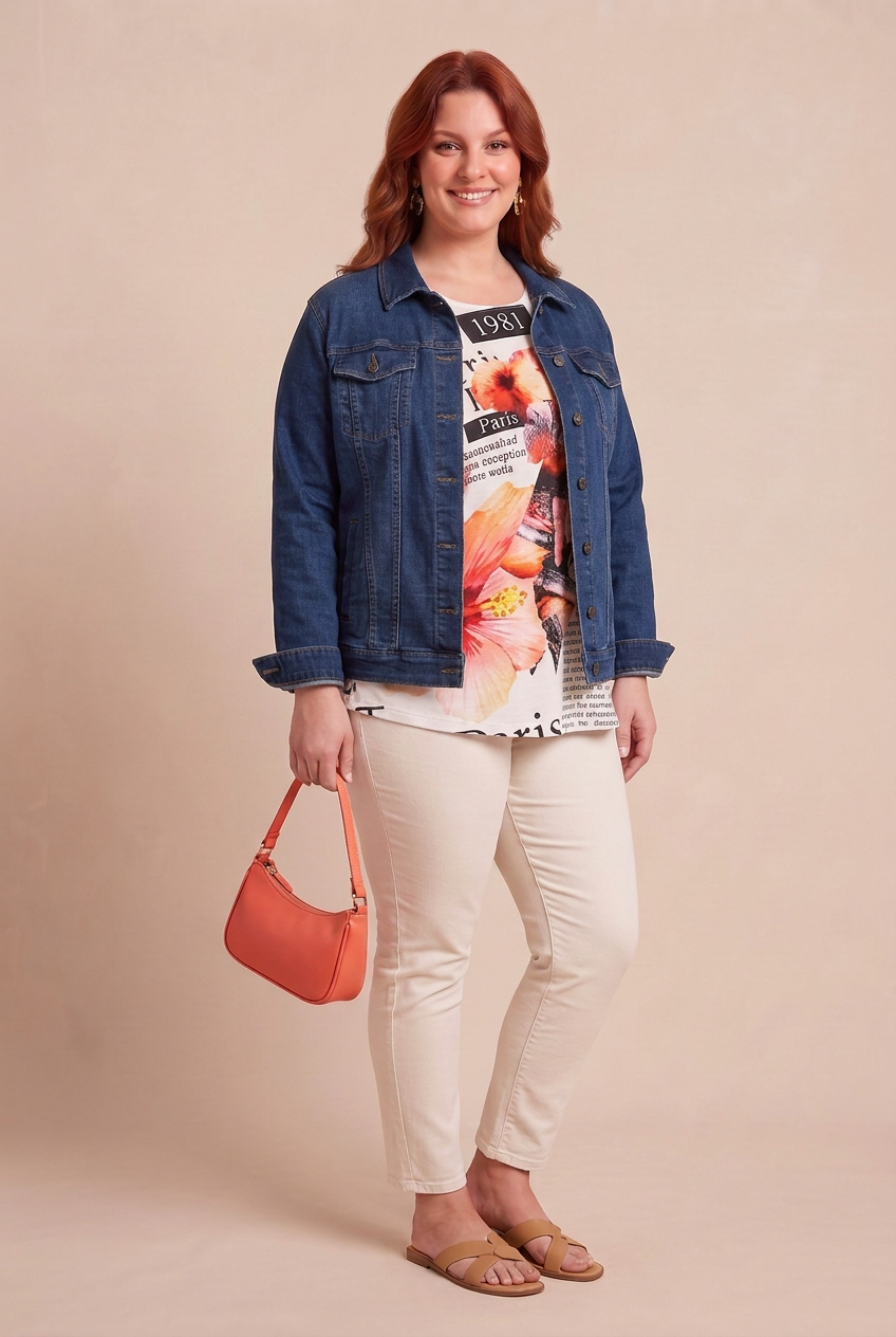 T-shirt ANNA Journal porté avec la veste en jean NOA sur fond beige – mode grande taille femme