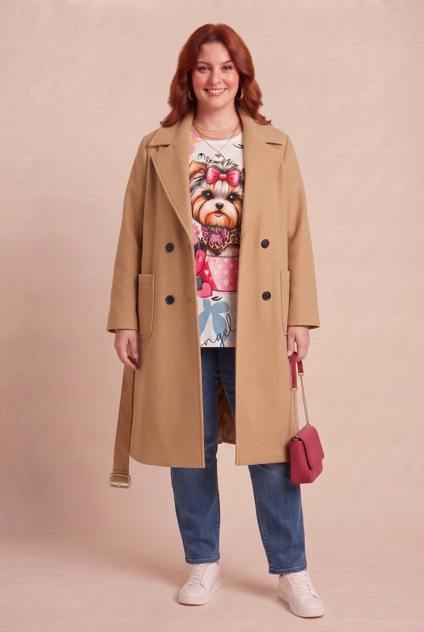 T-shirt ANNA Yorkshire porté avec le manteau ELITE camel sur fond beige – mode grande taille femme