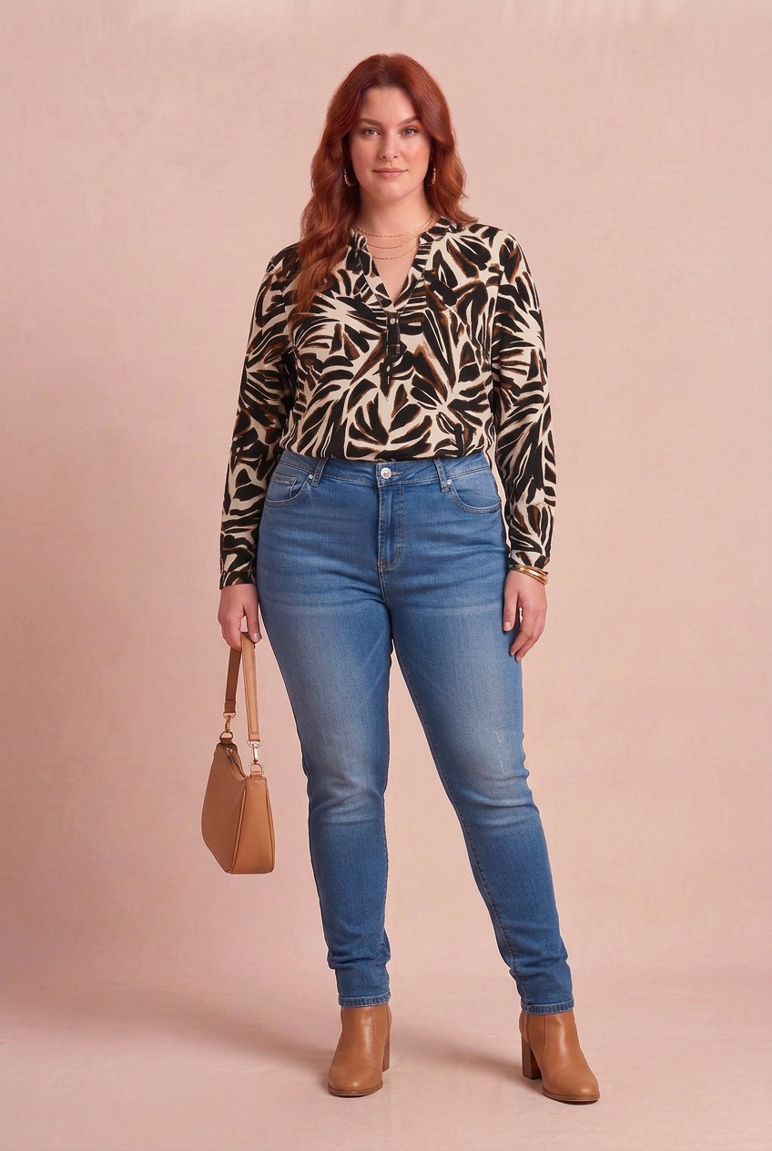 Jean DENIMA associé à la blouse SERENA, bottines et sac camel – mode grande taille femme