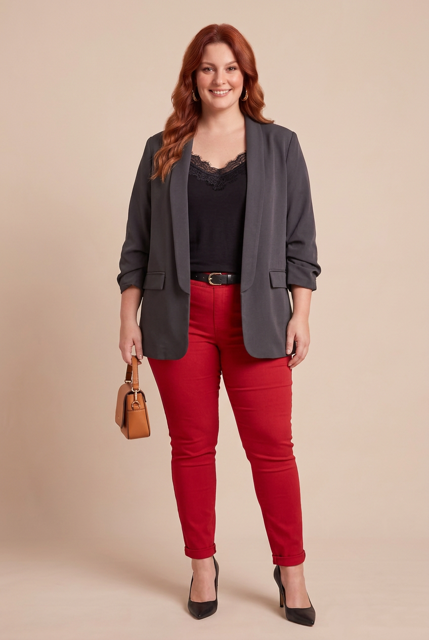 Jegging TINA rouge avec notre mannequin – mode grande taille femme