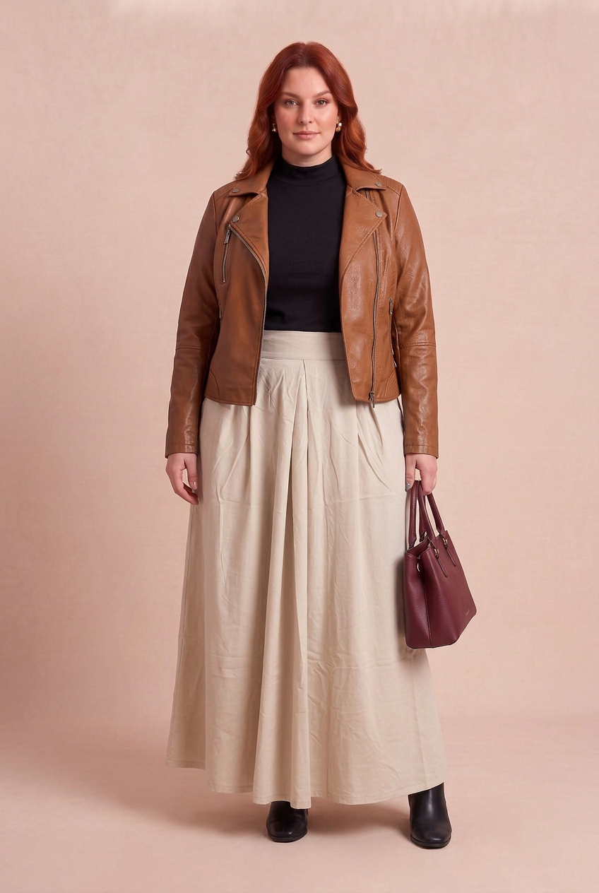 Jupe EMA avec ESSENTIAL et perfecto REBEL – mode grande taille femme