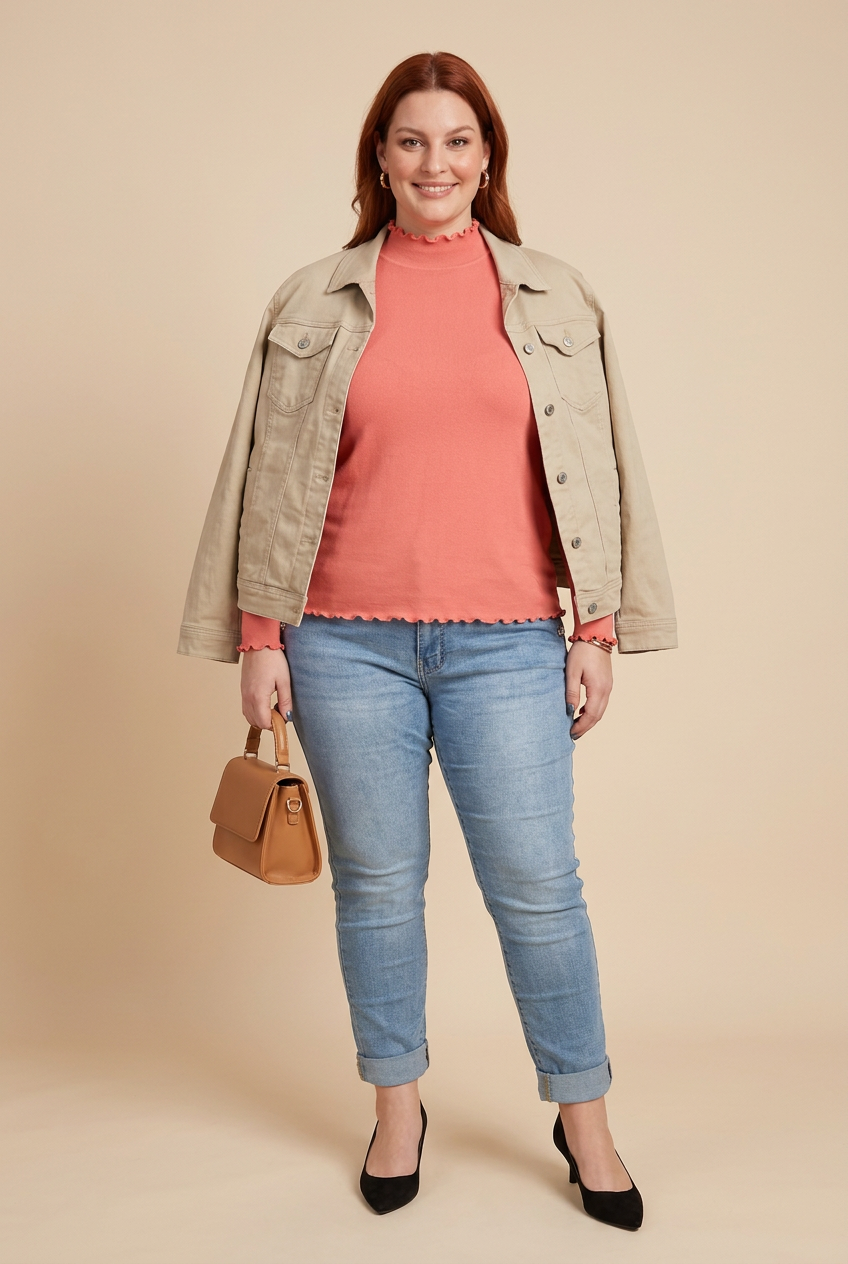 Look COZY corail, jean INES et veste MAYA – mode grande taille femme