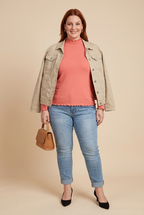 Look COZY corail, jean INES et veste MAYA – mode grande taille femme