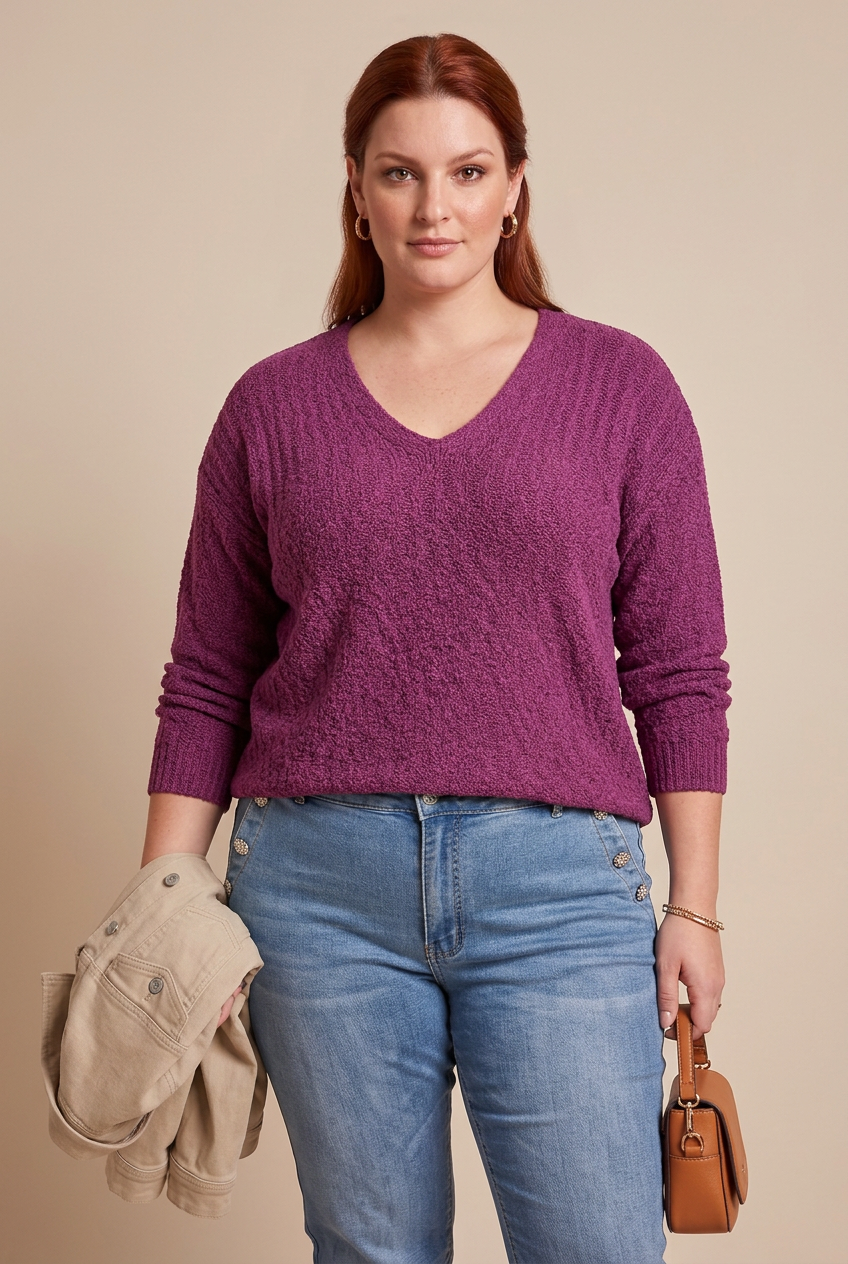Pull col V WOOLIA porté par notre mannequin – mode grande taille femme