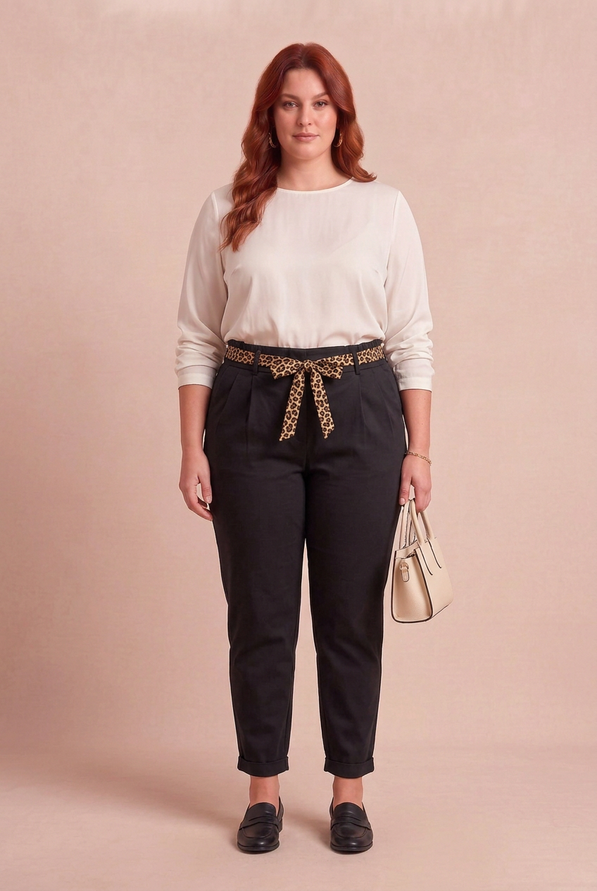 Pantalon carotte CARMEN porté avec accessoires – mode grande taille femme