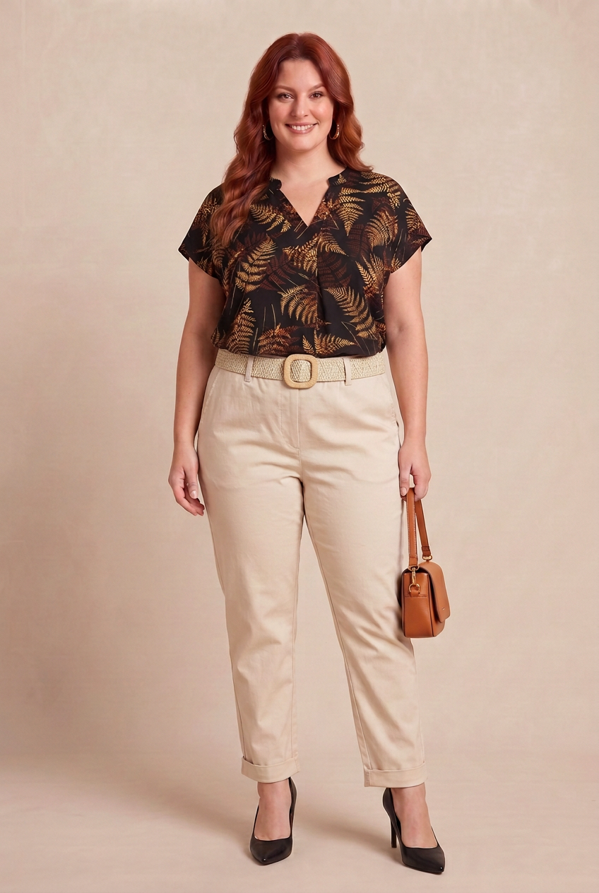 Pantalon ERIS beige avec ceinture assortie – mode grande taille femme