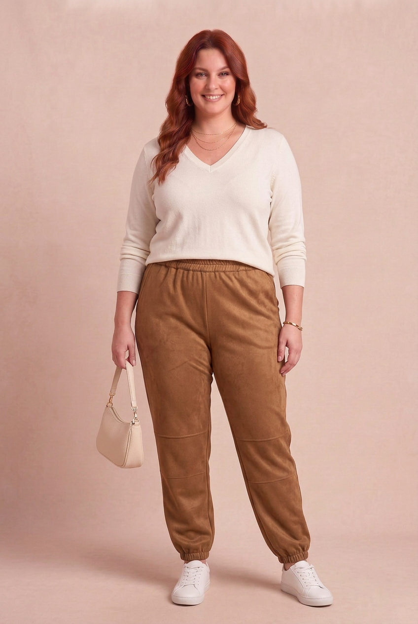 Pantalon VELINA marron sur mannequin avec accessoires – mode grande taille femme