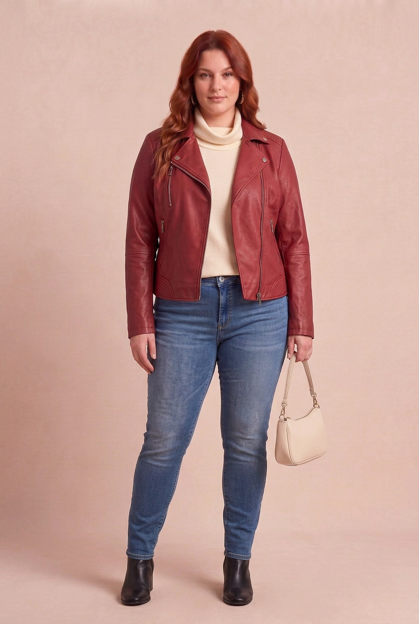 Perfecto REBEL bordeaux avec NOEMIE et DENIMA – mode grande taille femme