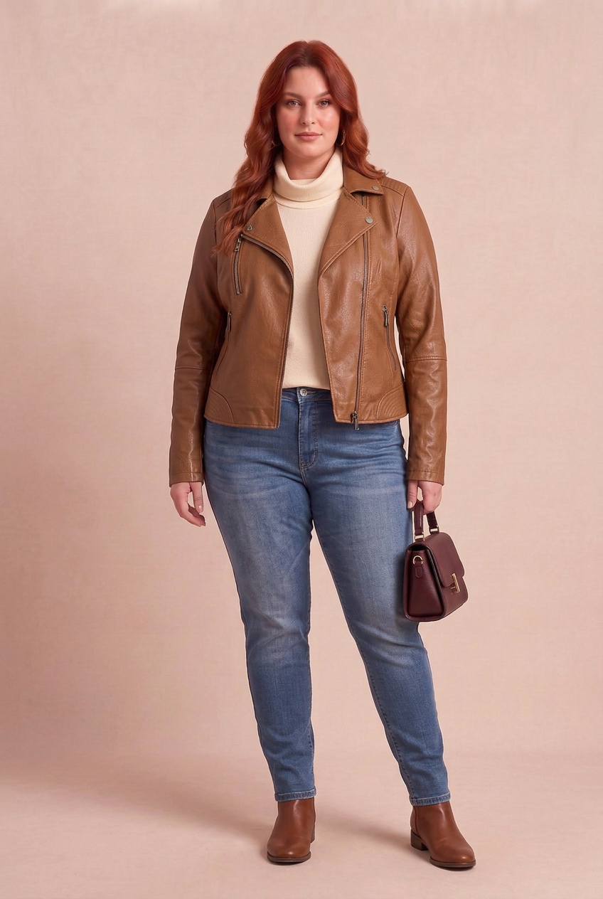 Perfecto REBEL marron avec NOEMIE et DENIMA – mode grande taille femme