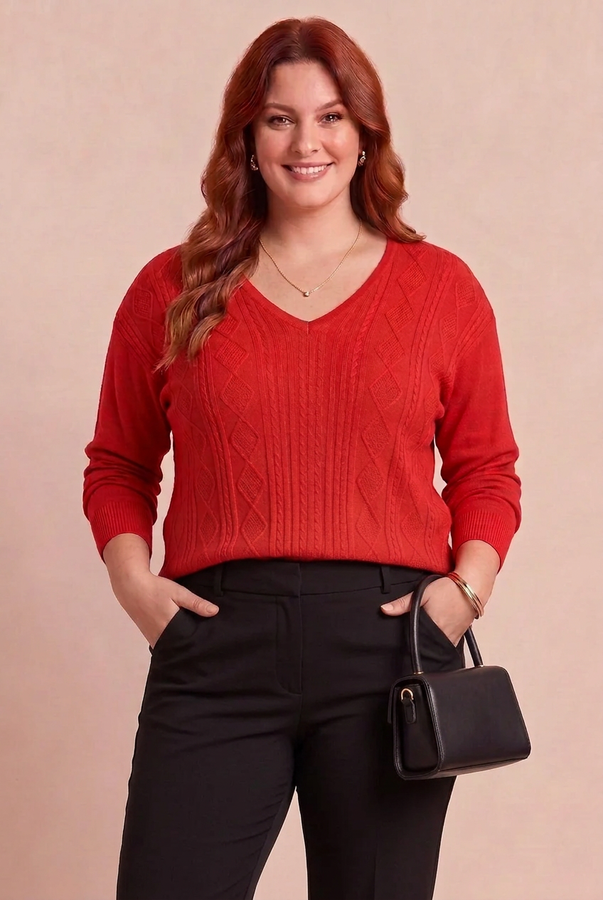 Pull Muguet rouge avec pantalon noir – mode grande taille femme