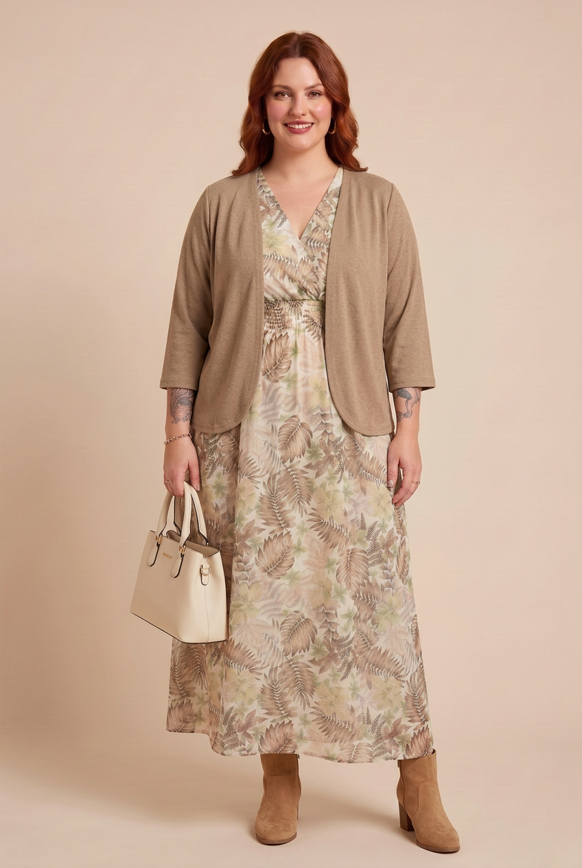 Robe LINA imprimé beige avec OLIA taupe – mode grande taille femme