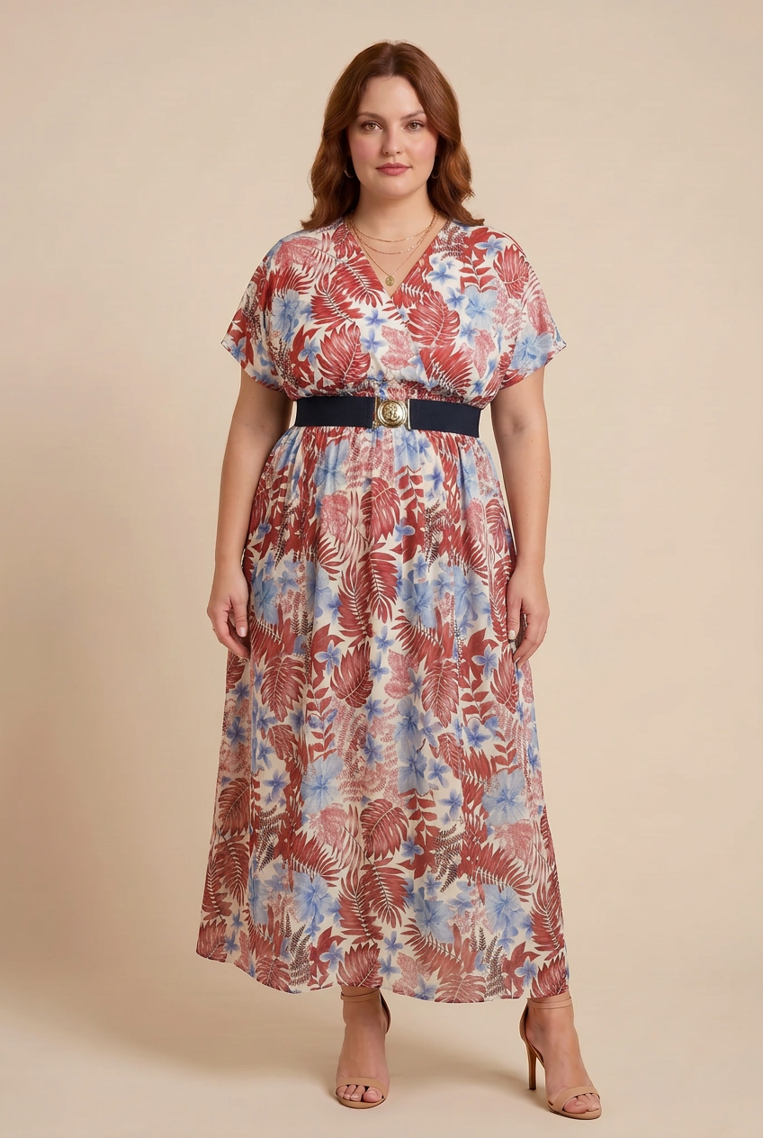 Robe LINA à imprimé rouge et bleu sur mannequin rousse – mode grande taille femme