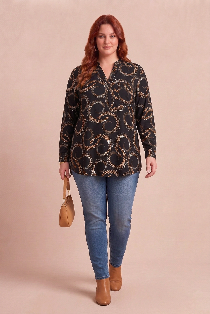 Tunique BOHÉMIA avec jean DENIMA et accessoires camel – mode grande taille femme