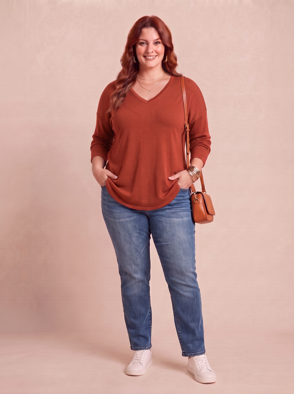 Pull col V VERA brique rouille porté – grande taille femme Harmonist'yle