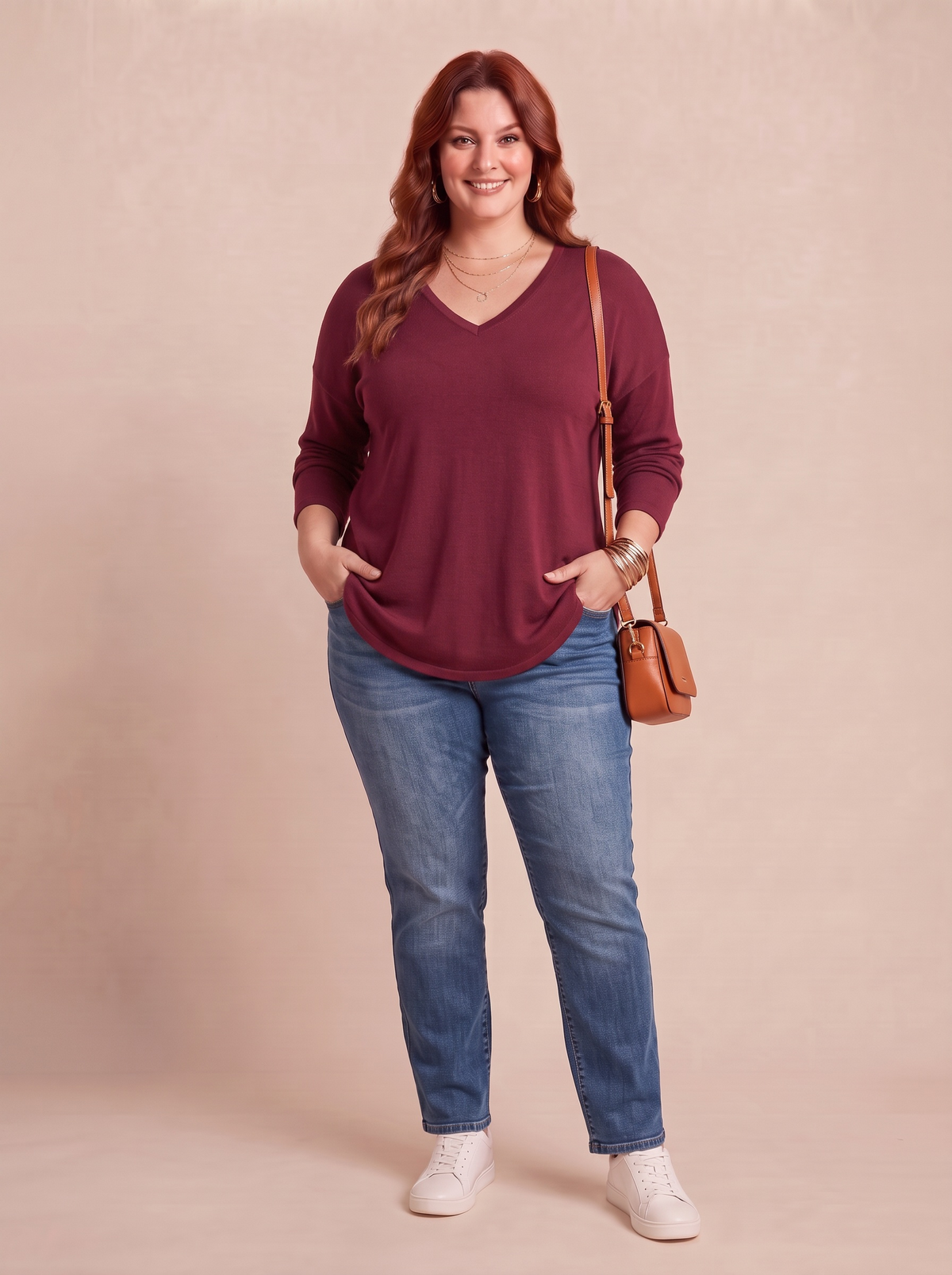 Pull col V VERA bordeaux porté – vêtement grande taille femme Harmonist'yle