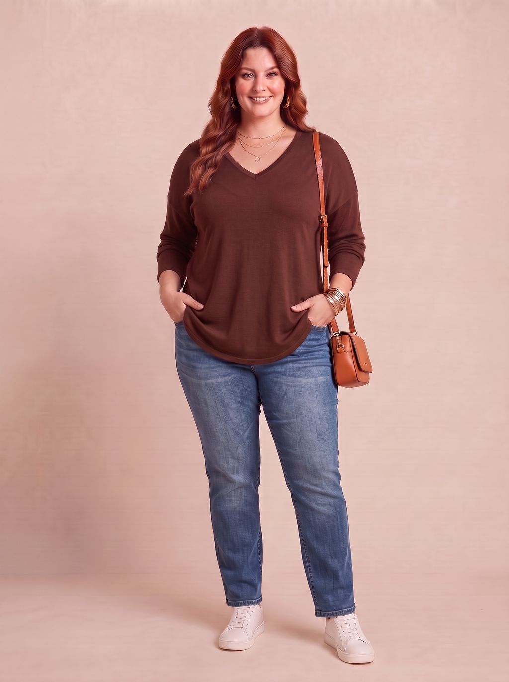 Pull col V VERA marron porté – grande taille femme Harmonist'yle